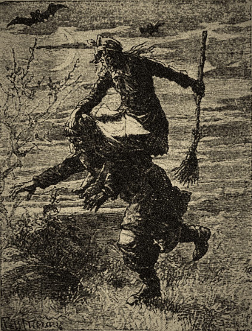 Engraving: the witch rides Khoma